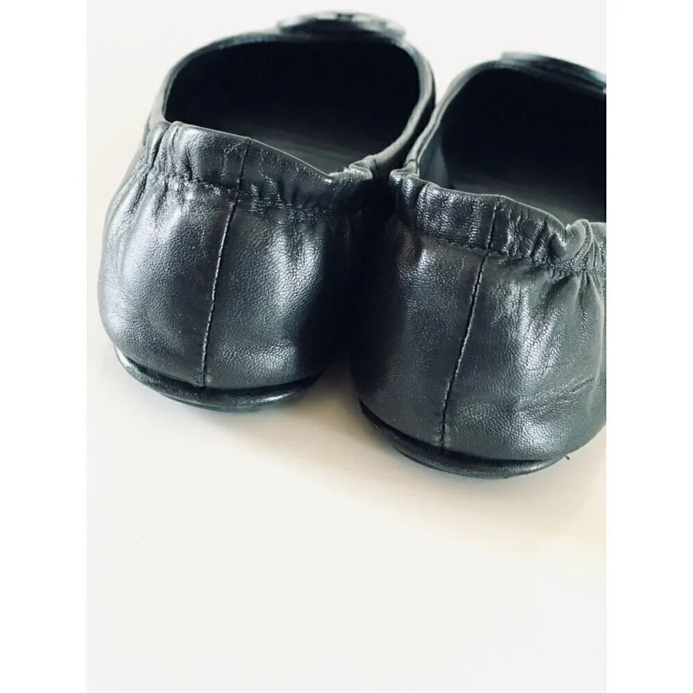 Tory Burch Minnie Travel Ballet Flats 6.5 Black Napa Leather Logo Shoes‎